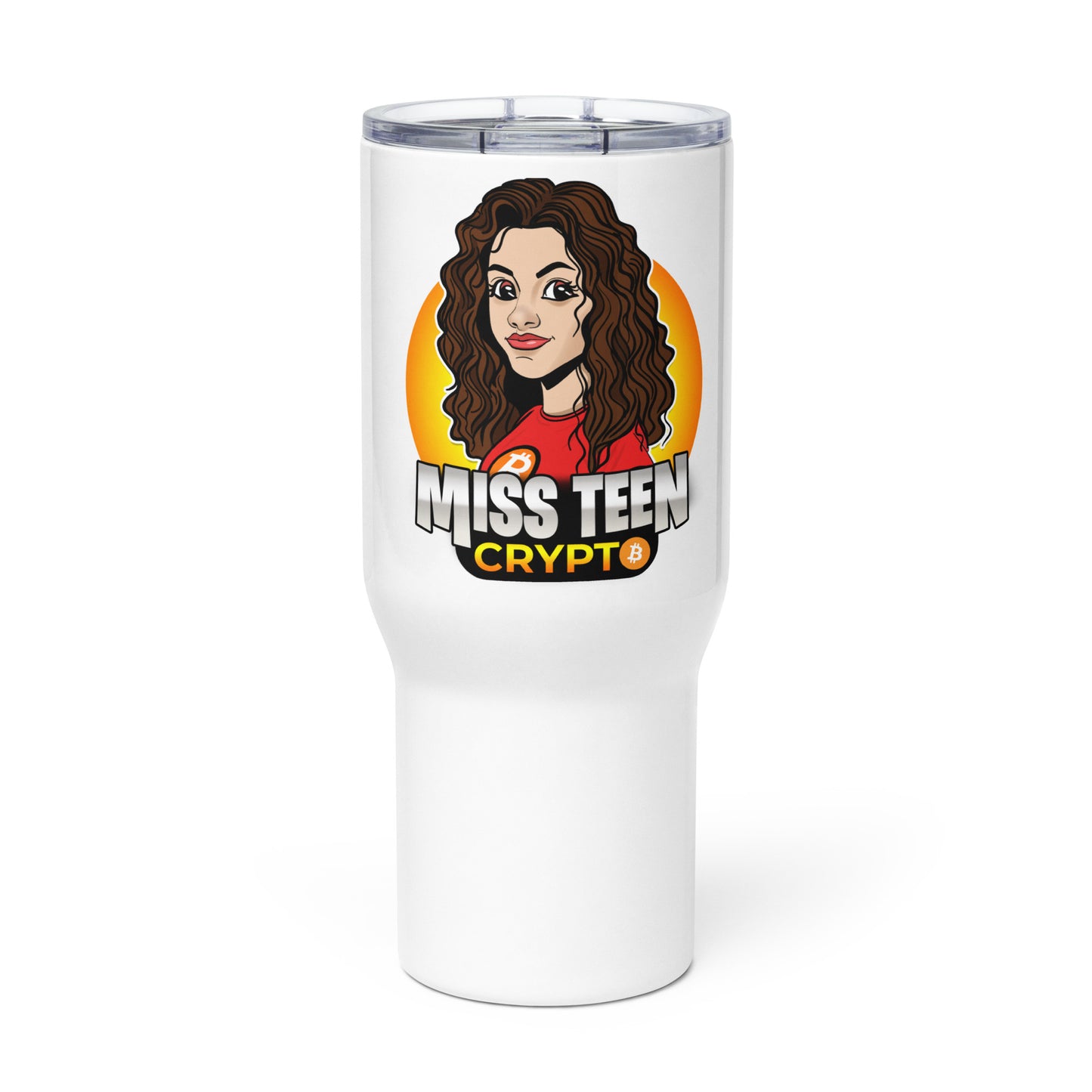 Miss Teen Crypto Animated Yellow Logo Travel mug with a handle